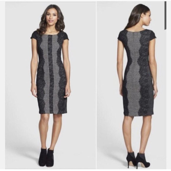 Betsey Johnson Black Lace Sheath Dress Gray Tweed Cap Sleeve Rayon Blend Size 10 - Picture 1 of 7